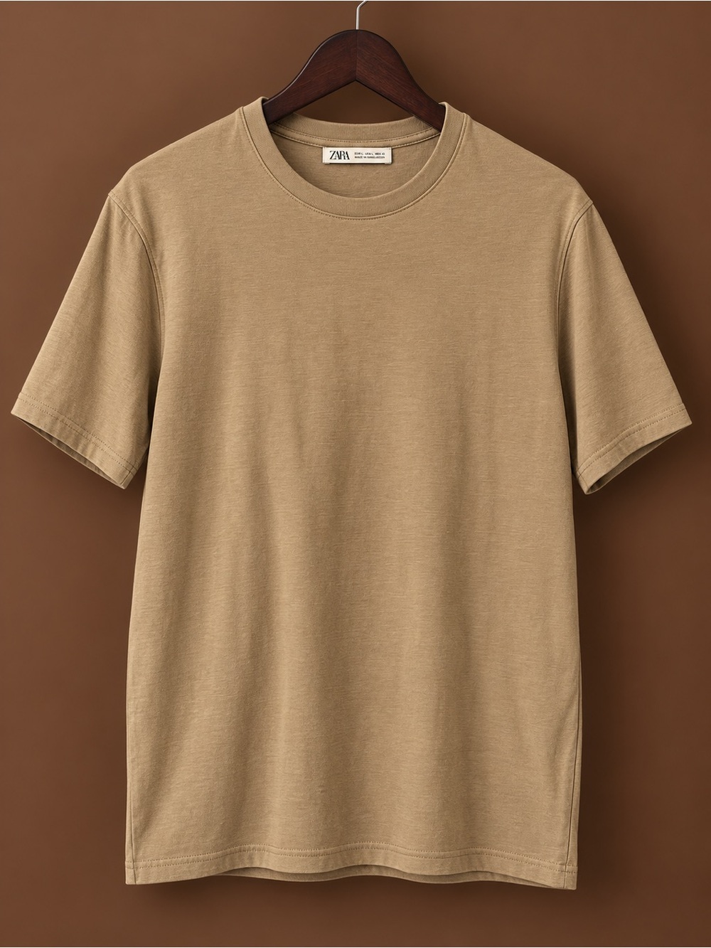 ZARA Short Sleeve Crew Neck T-Shirt in Khaki Beige